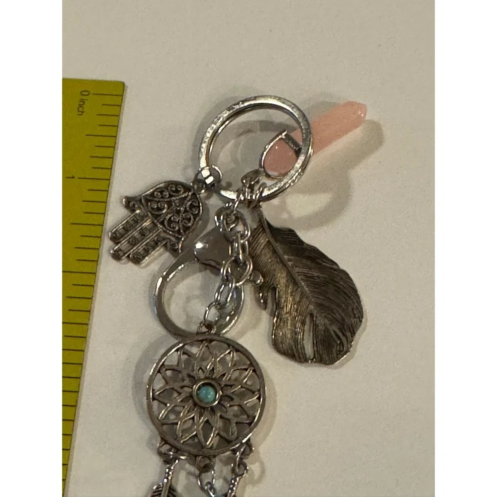 Boho‎ Silver Dreamcatcher Hamsa Pink Quartz Leaf Keychain Bag Charm Accessory